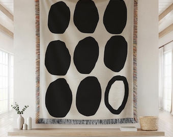 Couverture tissée minimaliste moderne, jeté design cercle abstrait, décoration bohème neutre, accent de salon confortable, cadeau de style scandinave