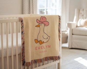 Personalized Girl Goose Woven Blanket for Baby, Custom Silly Goose Baby Gift, Pink Animal Nursery Throw, Newborn Keepsake Blanket for Her