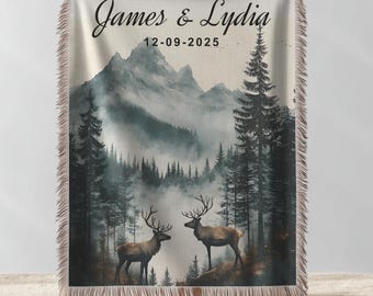 Outdoorsy Couple Blanket Nature Lovers Engagement Gift Adventure Couples Anniversary Personalized Mountain Woven Cotton Fringe Throw Blanket
