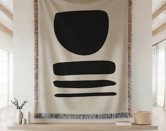 Manta tejida abstracta moderna, manta geométrica minimalista, tapiz blanco y negro, decoración contemporánea para el hogar, manta acogedora para el sofá