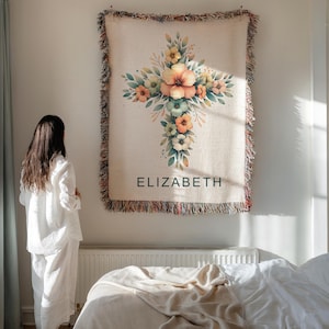 Custom Baptism Baby Blanket Baptism Christening Blanket for Girl, Woven Baby Blanket with Floral Cross Baptism Floral Cross Baby Gift