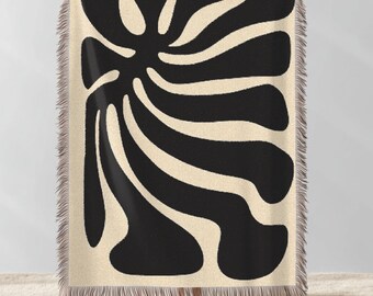 Coperta moderna astratta in tessuto botanico, copriletto boho nero minimalista, arredamento neutro per la casa, accogliente coperta da divano da soggiorno, regalo