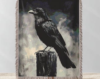 Raven Woven Throw Blanket, Gothic Black Crow Art, Dark Academia Decor, Unique Witchy Gift for Bird Lovers & Halloween Lovers, Cozy Tapestry