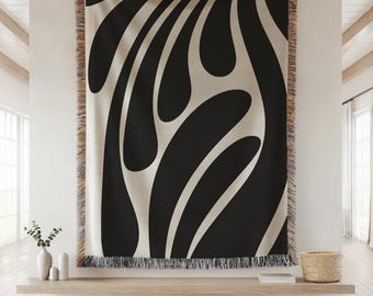 Minimalist Boho Woven Throw Blanket, Modern Abstract Black and White Home Decor, Cozy Living Room Bedspread, Unique Housewarming Gift