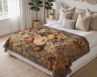 Vintage Floral Woven Throw Blanket, Rustic Tapestry Sofa Throw, Botanical Couch Blanket, Cottagecore Farmhouse Decor, Cozy Gift for Her