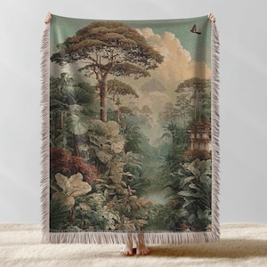 Tropical Garden Woven Blanket Boho Botanical Throw Cozy Jungle Theme Bedding Tropical Leaf Home Decor Rustic Cottagecore Tapestry Throw