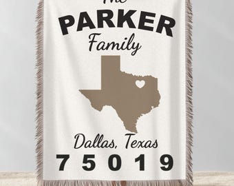 Custom State Woven Blanket, Personalized Family Name Throw, Zip Code Blanket, Texas Home Decor, Housewarming Gift, Rustic Family Keepsake