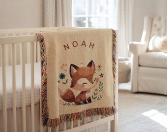 Custom Fox Baby Blanket, Personalized Name Woodland Animal Woven Throw, Woodland Nursery Decor for Boys Girls, Baby Shower Gift Keepsake