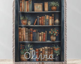 Custom Book Lovers Woven Blanket, Rustic Bookish Blanket, Bookshelf Blanket Gift for Bookworm, Gift for Booklover Woven Thow Blanket
