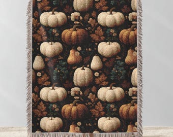 Pumpkin Woven Throw Blanket, Fall Harvest Tapestry Sofa Throw, Rustic Farmhouse Couch Blanket, Autumn Cottagecore Decor, Cozy Gift for Her