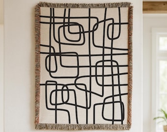 Abstrakt linjekonst vävd filt, modern pläd, svartvit 50-talsdesign, retro geometrisk Gecor, boho minimalistisk filt