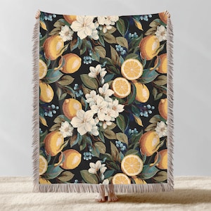 Lemon Floral Woven Throw Blanket, Vintage Botanical Citrus Design, Cottagecore Fruit Tapestry for Sofa, Bed, Kitchen or Summer Home Decor