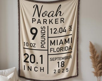 Personalized Baby Birth Stat Blanket, Custom Name Woven Throw, Newborn Keepsake Blanket, Baby Shower Gift, Birth Announcement Blanket