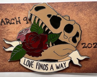 Limited Edition Dinosaur T-Rex Skull with Roses Enamel Pin