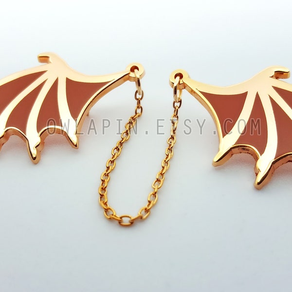 Dragon Wing Metal Enamel Pins, Chain Connected, Rose Gold, Rainbow, Collar, Lapel