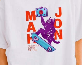 Cute Mahjong Cat Shirt, Kawaii Cat on Skateboard Tee, Cat Lover Gift, Funny Cat Graphic T-Shirt, Unique Cat Streetwear Unisex Outfit