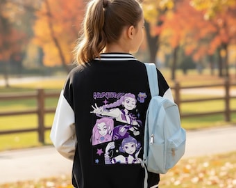 Huntrix Kpop Demon Hunters Kids Varsity Jacket–Baseball Letterman Bomber Coat with Pockets,School Uniform Style for Girls & Boys (Ages 3–12)