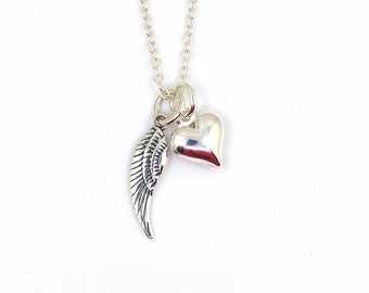 Sterling Silver Angel Wing and Heart Charm Necklace - Guardian Angel Necklace