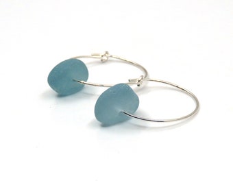Ocean Blue Sea Glass, Sea Glass Earrings,Sterling Silver Earrings, Glass Earrings, Hoop Earrings, Glass Earrings