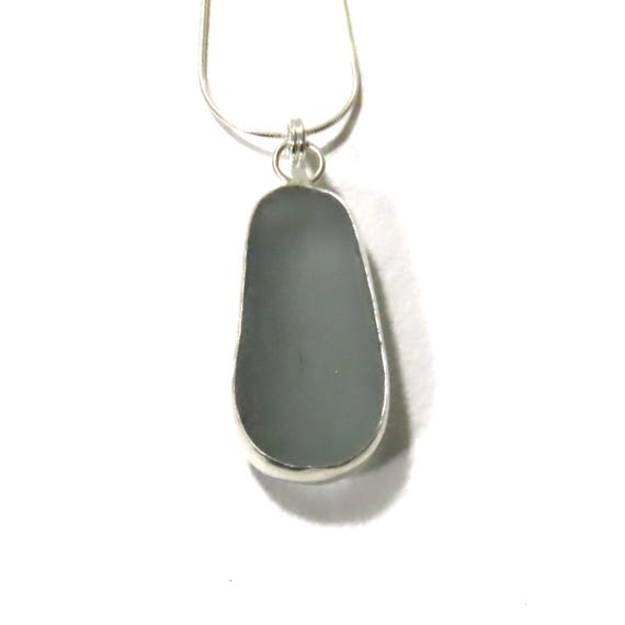 Pale Grey Sea Glass Pendant Necklace, Backless Bezel, Gift for Her