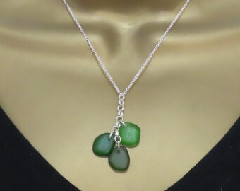 Sea Glass Trio Necklace, GENUINE, Pendant Necklace, Shades of Green Sea Glass Cluster Necklace CARLY