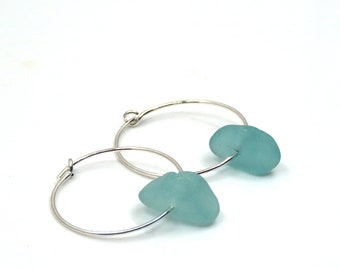 Reef Blue Sea Glass, Sea Glass Earrings,Sterling Silver Earrings, Glass Earrings, Hoop Earrings, Glass Earrings