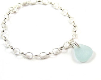 Sea Glass and Sterling Silver Bracelet Pale Blue Sea Glass Birthday Gift For Friend