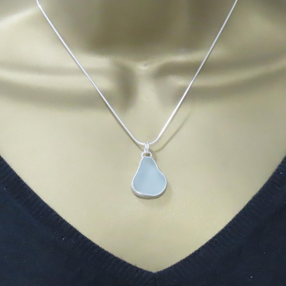 Sea Glass Pendant, Seafoam Blue, Backless Bezel, Sterling Silver