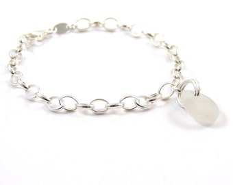 White Sea Glass Sterling Silver Bracelet: Belcher Chain, Beach Jewelry