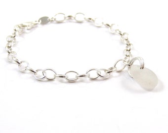 Sea Glass Bracelet, Sterling Silver Bracelet 4mm links, White Sea Glass, The Strandline