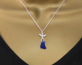 Cobalt Blue Sea Glass, Sterling Silver Bee, Sea Glass Necklace, Sterling Silver, READY TO SHIP, Nature Theme Jewellery, Unique