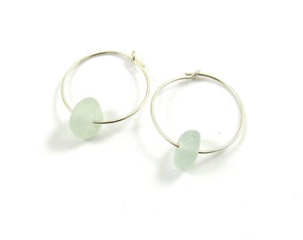 Pale Blue Sea Glass and Sterling Silver Hoop Earrings,  The Strandline