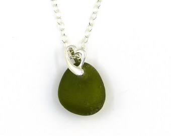 Sea Glass Necklace, Green Sea Glass,  Sterling Silver Heart and Chain KATIA
