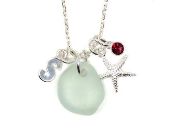 Blue Sea Glass Necklace Sterling Silver – Coastal Starfish Pendant with Birthstone & Initial – Personalised Gift for Her