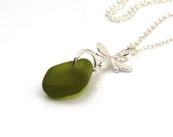 Peridot Sea Glass and Sterling Silver Bee Drop Necklace, Seaglass, Sea Glass Necklace, Nature Necklace, Gift for Mom, Birthday Gift