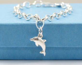 Bracciale in argento sterling 925 con delfini che giocano e opale blu simulato - Gioielli da spiaggia a tema marino - Tema nautico - Ispirato all'oceano - Italia