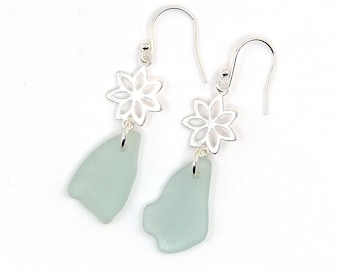 Pale Blue Sea Glass and Daisy Drop Earrings Sea Glass Dangle Earrings Sea Glass Jewelry Daisy Earrings