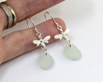 Pale Blue Sea Glass and Sterling Silver Bee Earrings, Drop Earrings, Perfects Gift e302