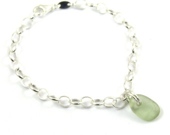 Pale Sage Green Sea Glass and Sterling Silver Bracelet 4mm links, Gift Boxed, Ready to Ship, b253