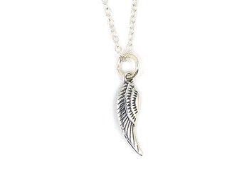 Sterling Silver Angel Wing Charm Necklace, Feather Pendant