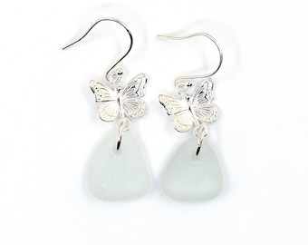 Pale Blue Sea Glass and Sterling Silver Butterfly Earrings, Drop Earrings, Perfects Gift e307