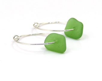 Seaham Emerald Green Sea Glass and Sterling Silver Hoop Earrings - Hoops available in 4 sizes - The Strandline