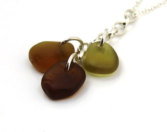 Sea Glass Trio Necklace, GENUINE, Pendant Necklace, Citron, Peridot and Caramel Sea Glass Cluster Necklace, Autumnal Colours