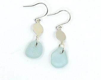 Pale Blue Sea Glass and Sterling Silver Disc Drop Earrings, Sea Glass Dangle Earrings, Sea Glass Jewelry e331