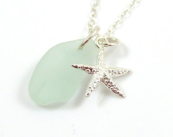 Sea Glass Pendant Necklace Sterling Silver Starfish Charm Womens Beach Glass Jewellery Seaglass Jewlery Birthday Gift Sterling Silver