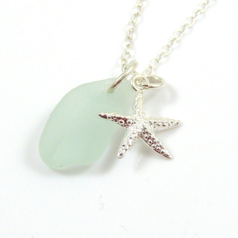 Sea Glass Pendant Necklace Sterling Silver Starfish Charm Womens Beach Glass Jewellery Seaglass Jewlery Birthday Gift Sterling Silver image 1