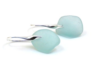 Sea Glass Earrings, Sterling Silver Earrings, Pale Aquamarine Earrings, Blue Sea Glass ,Glass Earrings, Wedding Earrings e344