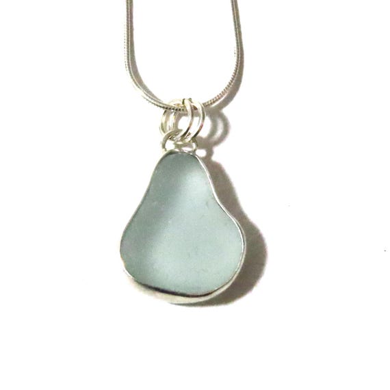 Sea Glass Pendant, Seafoam Blue, Backless Bezel, Sterling Silver