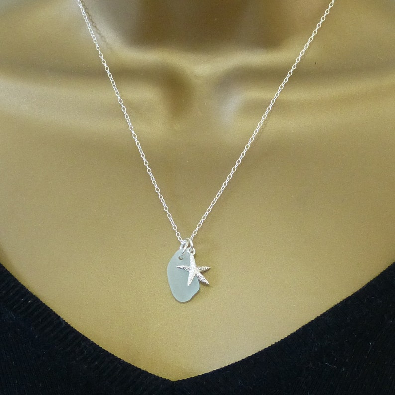 Sea Glass Pendant Necklace Sterling Silver Starfish Charm Womens Beach Glass Jewellery Seaglass Jewlery Birthday Gift Sterling Silver image 2