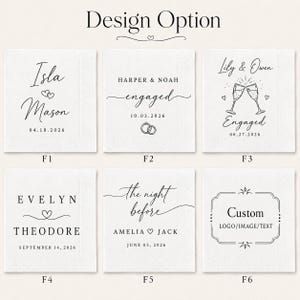 May include: Six square white paper napkins featuring black printed designs labelled F1 through F6. Each napkin displays unique personalised text, dates, and graphic elements such as hearts, wedding rings, and champagne flutes for event customisation.